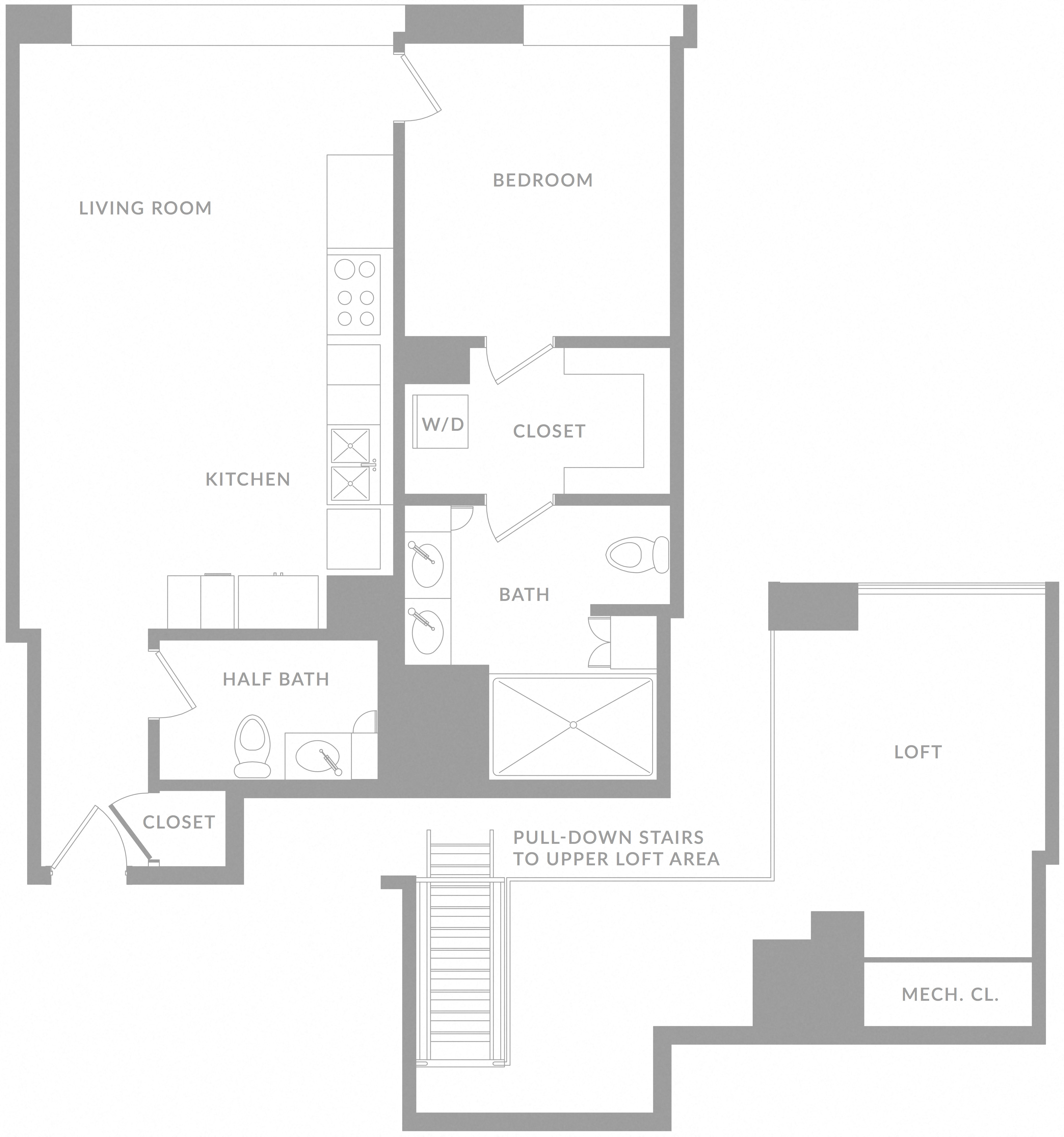 Floor plan for 1 bed, 1.5 baths, 950 sqft